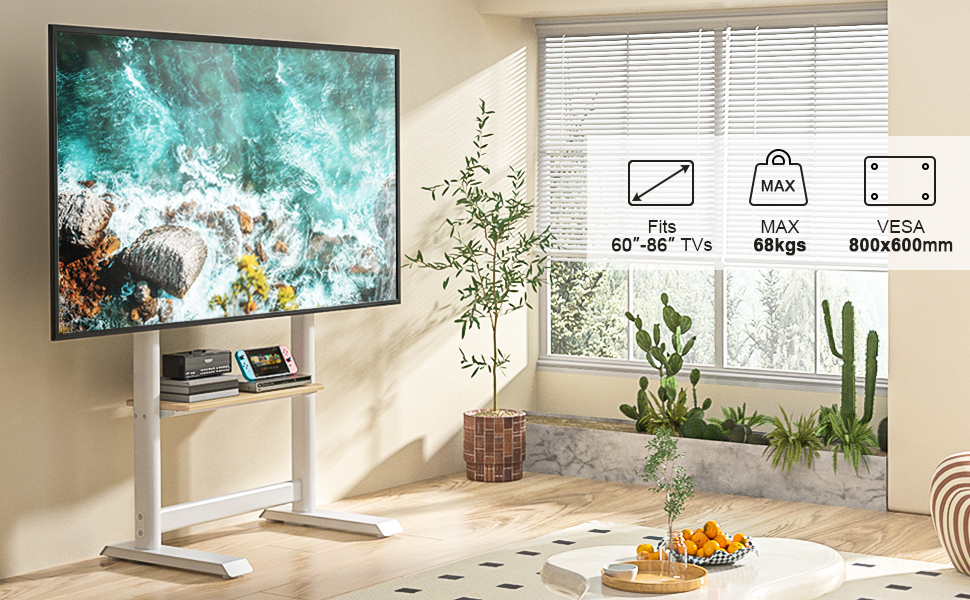 Підставка для телевізора TVON: для плоских та вигнутих екранів 60-86 дюймів, регульована висота, до 68 кг, VESA 800x600 мм, білий