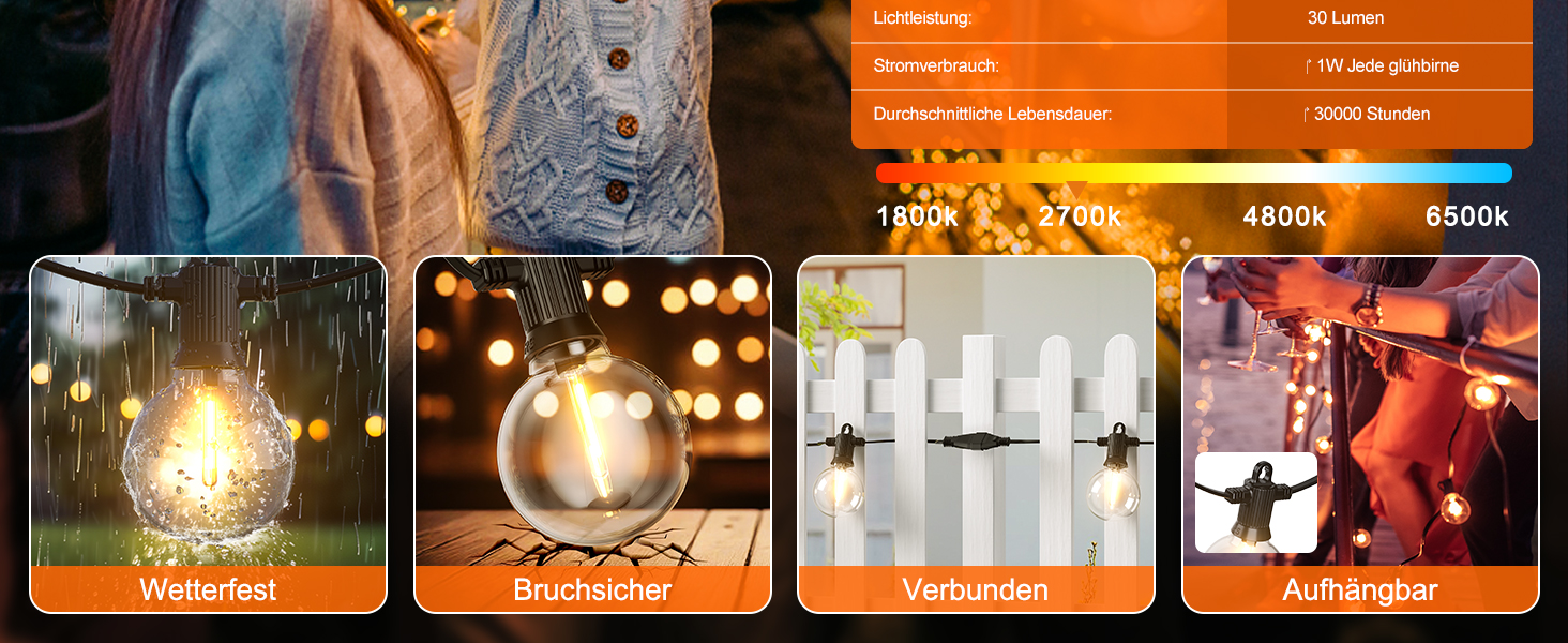 Льо́нтанка Kawaya 10 метрів, LED, для вулиці, 15+1 лампочки, IP65, вологостійка, тепле світло, для балкона, тераси, саду, весілля, заднього двору