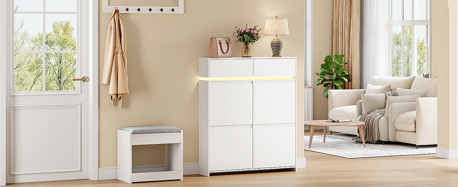 Взуттєва шафа Hzuaneri з 4 стулками, вузька, з LED-підсвічуванням, регульована перегородка, на 20 пар, 100 x 119 x 24 см, для передпокою, біла SR53603XEU