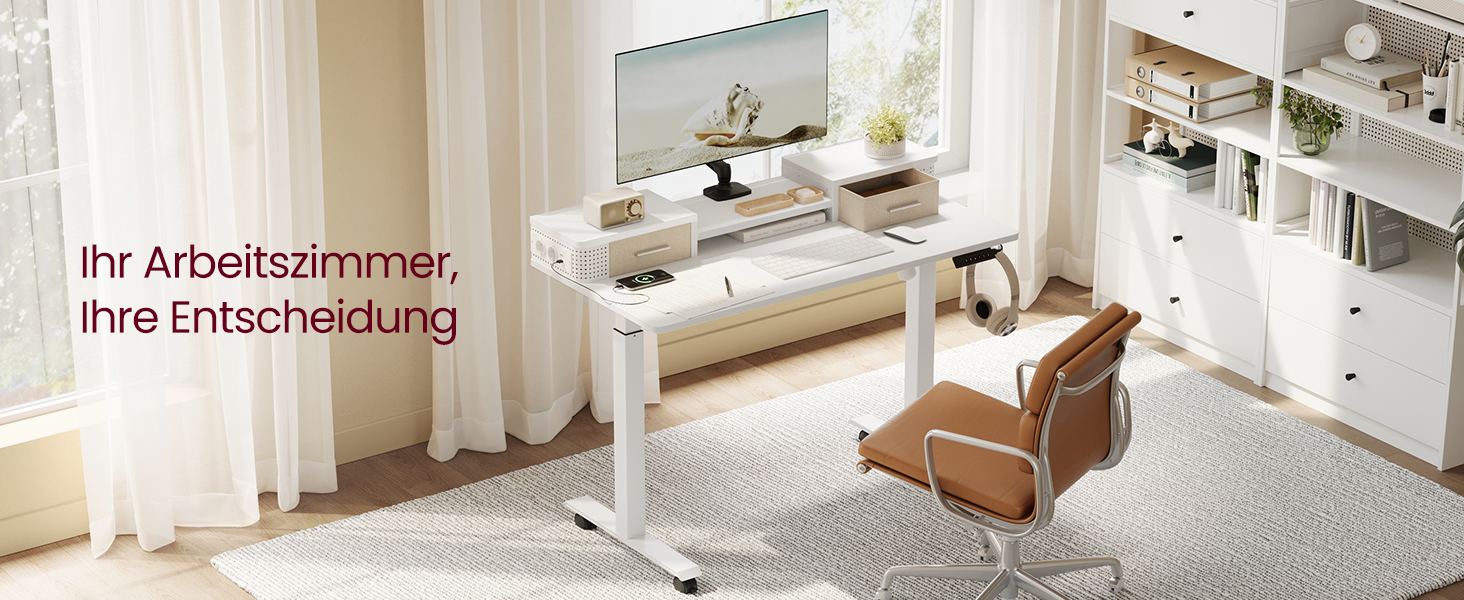 Електричний регульований стіл VASAGLE 120x60 см, білий, з підставкою для монітора, USB-роз'ємами, пам'яттю висоти