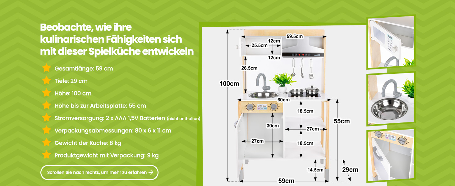 Дерев'яна дитяча кухня Kinderplay з LED та звуками приготування їжі, регульована висота 92–107 см, ігровий набір для дітей від 3 років, повний комплект з аксесуарами, світло-сірий колір (Modern - Weiß)
