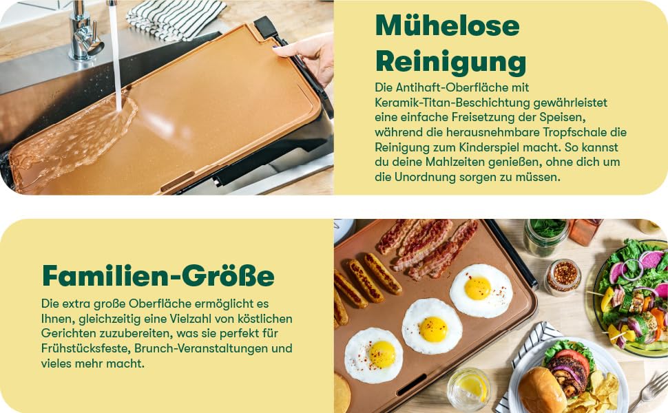 Електрична гриль-плита BELLA XL з керамічно-титановою поверхнею, для приготування 15 яєць одночасно, з антипригарним покриттям Healthy-Eco, легко миється, велика вмикаючася поверхня для приготування, 30,5 x 56 см, колір: мідний/чорний
