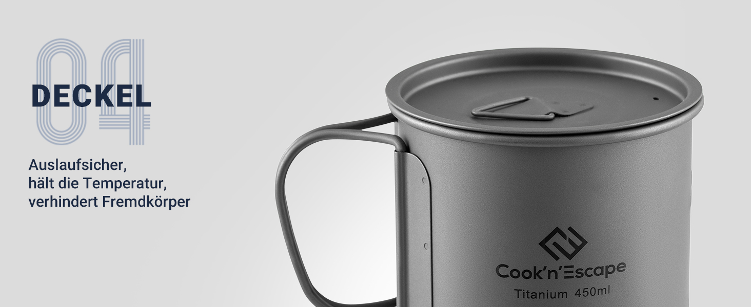 Титанова чашка для кемпінгу COOK'N'ESCAPE Titan Becher 300 мл з кришкою та складною ручкою - легка, міцна, жаростійка для туризму, пікніка