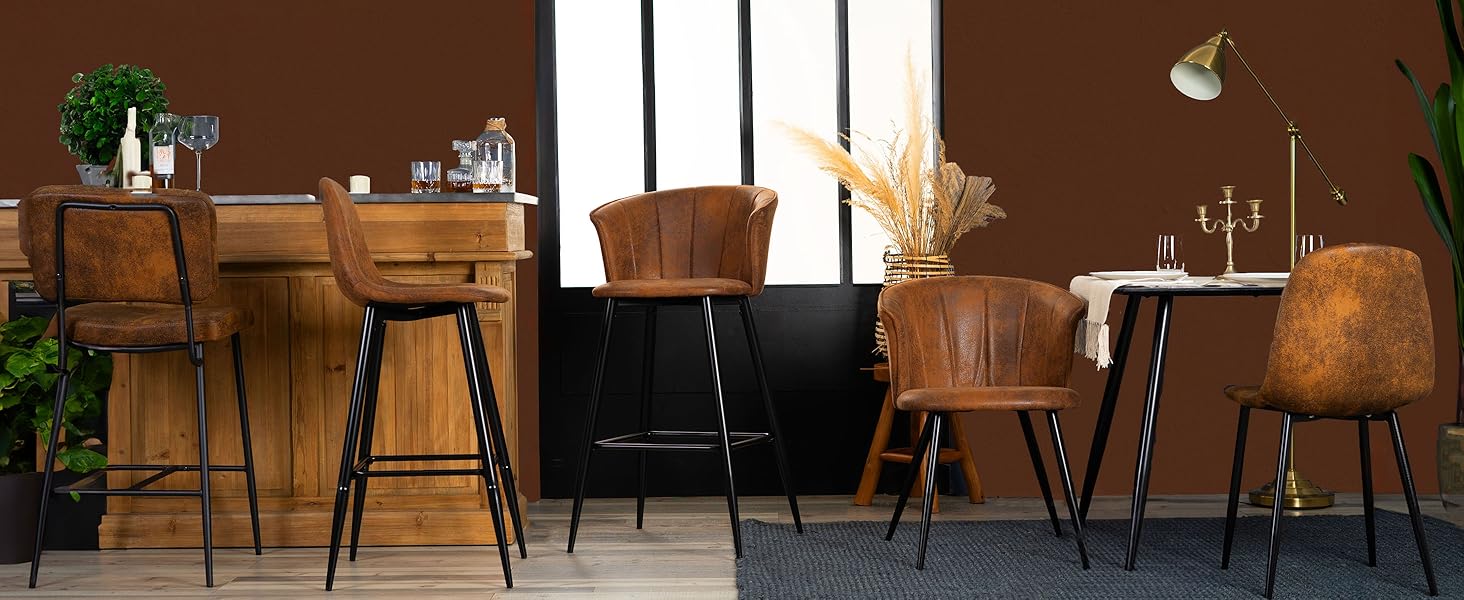 Барні стільці Cosy 2 шт. Вінтаж з підніжкою, м'яке сидіння з штучної замші, метал, коричневий