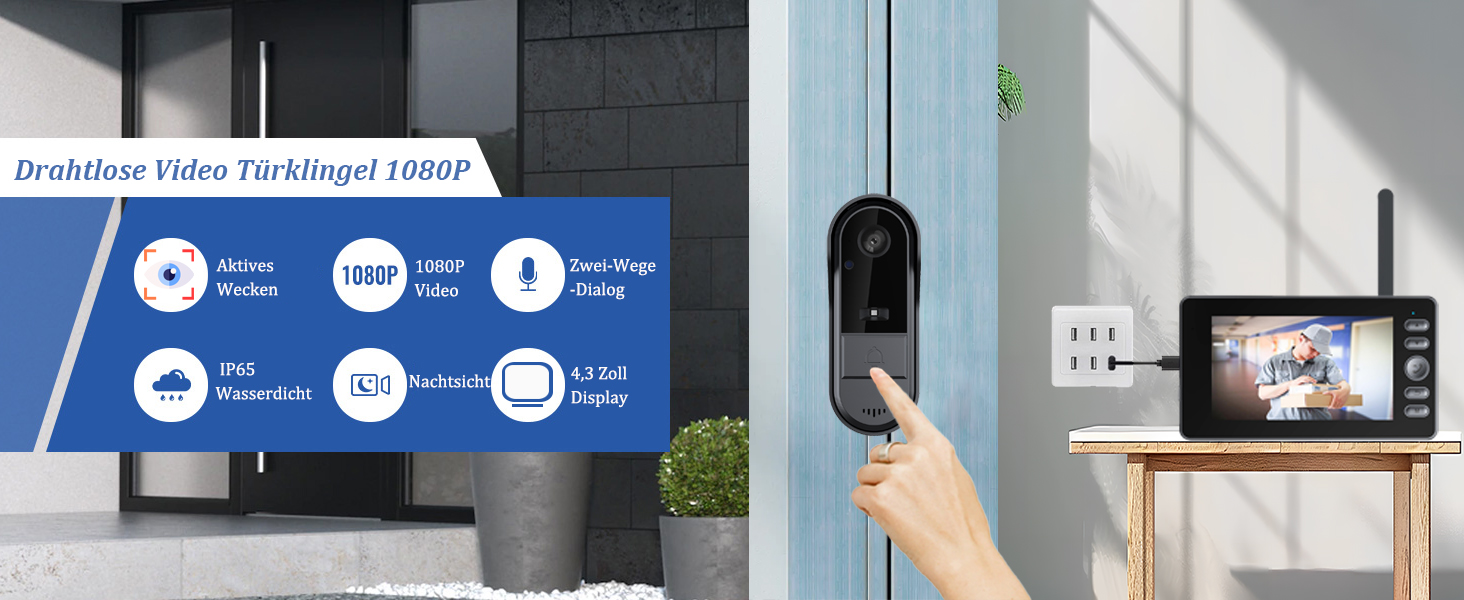 Відеодзвінок з камерою 1080P HD, бездротовий, IP65, водонепроникний, дисплей 4,3 дюйма, двостороння аудіо, нічне бачення, 170° кут огляду, автоматична фото/відео зйомка