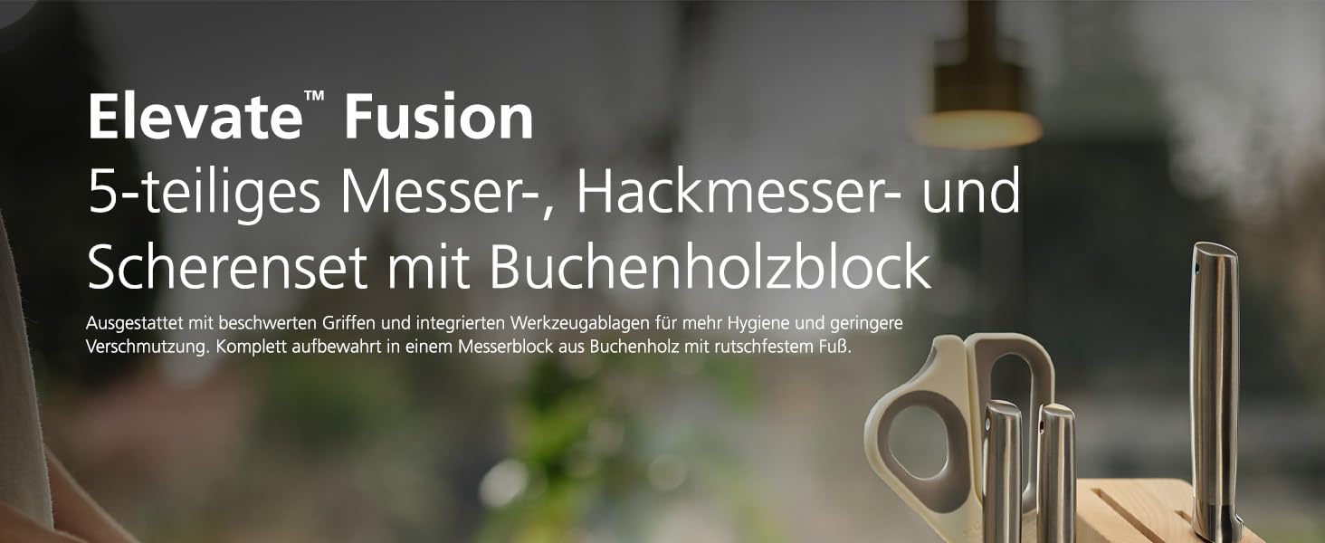 Набір ножів Fusion Joseph Joseph 5 предметів: кухонний ніж, ніж для м'яса, ножиці, дерев'яний блок для ножів