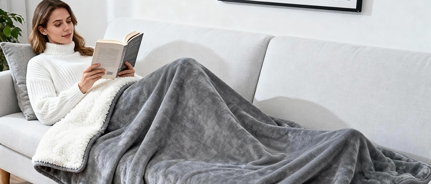 Електрична ковдра PRANITE 180x130 см з Sherpa та Flanell, 6 режимів нагріву, таймер 10 годин, автовимкнення, захист від перегріву, пральна - сіра для ліжка та дивана 130 x 180 см