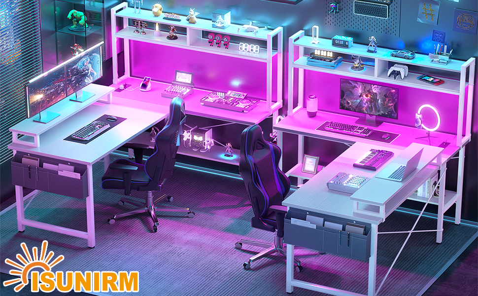 iSunirm Г-подібний ігровий стіл з розетками та LED-підсвіткою, з полицею та сумкою для зберігання, Колір: Коричневий (Білий)