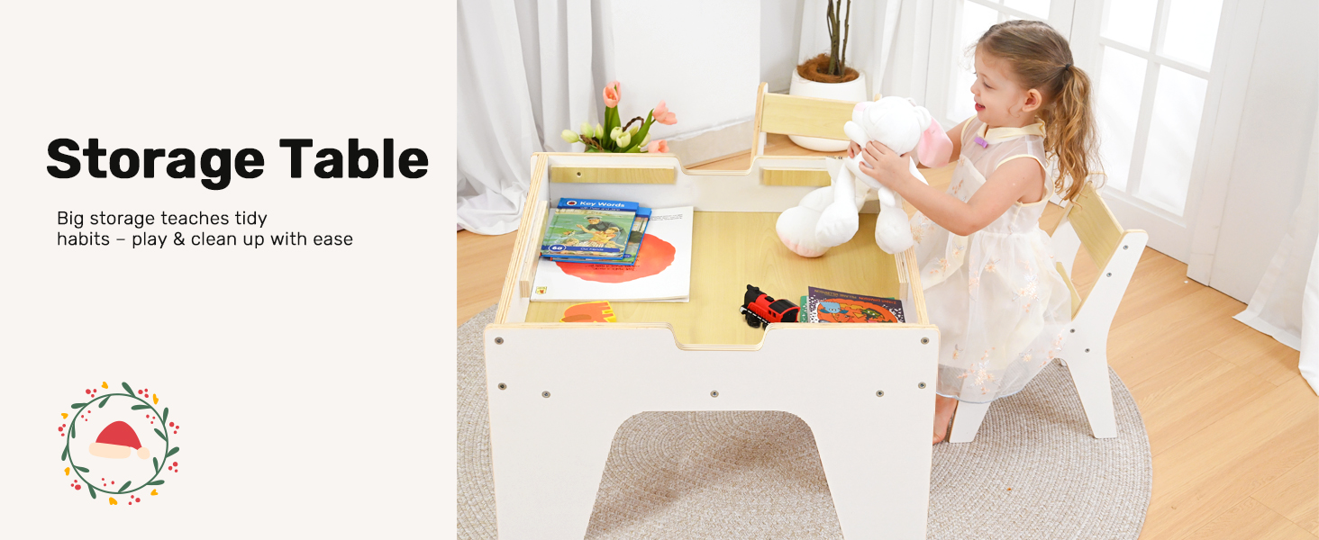 Дерев'яний дитячий набір меблів Wingyz 4-в-1: стіл, 2 стільці, стіл з місцем для зберігання. Ідеально для малювання, ігор та активностей.