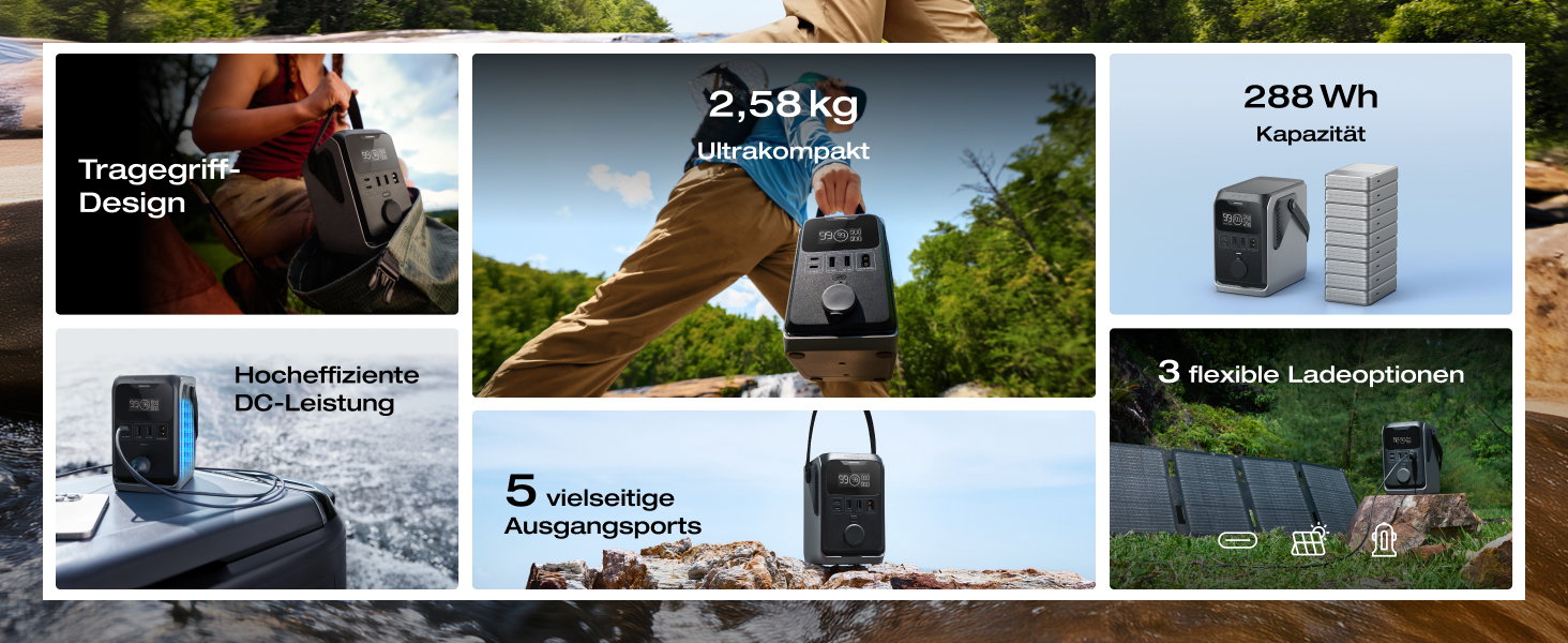 Електростанція EcoFlow Trail 300 DC+45W: портативна, 288 Wh, 300W, LFP-батарея, сонячний генератор, 5 виходів, захист від падінь, для кемпінгу та подорожей