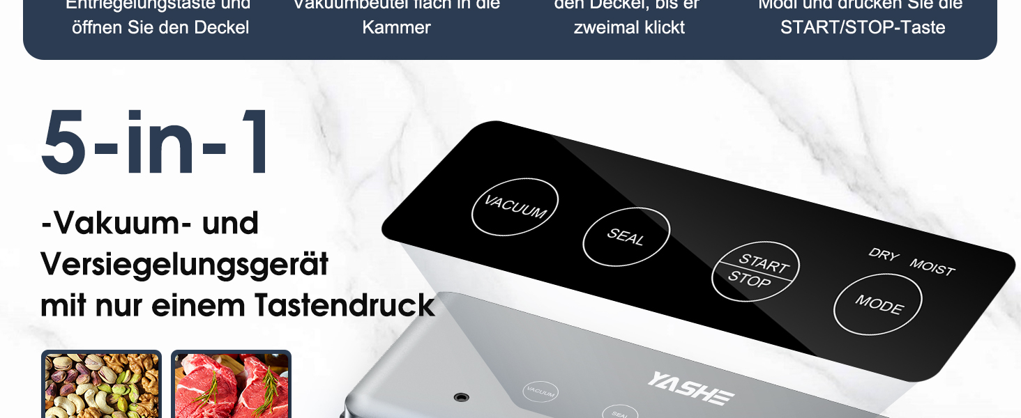 Вакууматор YASHE 5-в-1 з режимами для сухих та вологих продуктів, ширина шва 30 см, для Sous-Vide та консервації м'яса, риби, овочів та фруктів
