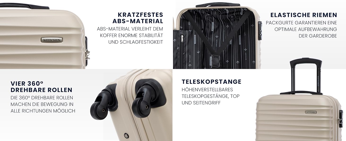 Набір валізWITTCHEN 3в1: велика, середня, маленька. Жорсткий корпус ABS, 4 колеса, кодовий замок. Підходить для Lufthansa, Eurowings, Ryanair, Condor. Бежевий колір.