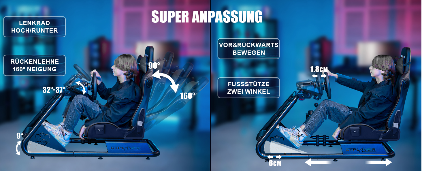 GTPLAYER Симулятор кокпіт для гонок, стійка для керма та педалей, з динаміками, чорний