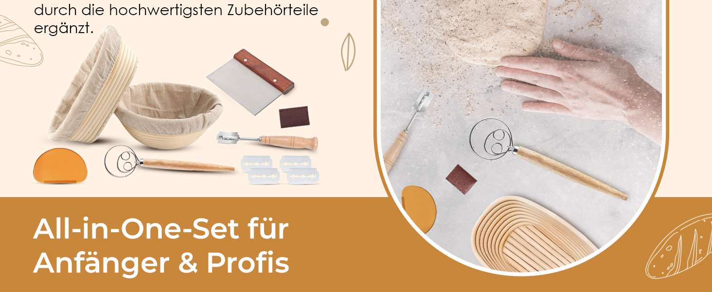 Набір для випікання хліба Yaani: гільзи для бродіння (2 шт.), щітка для тіста, ніж для хліба, 22 см та 25 см