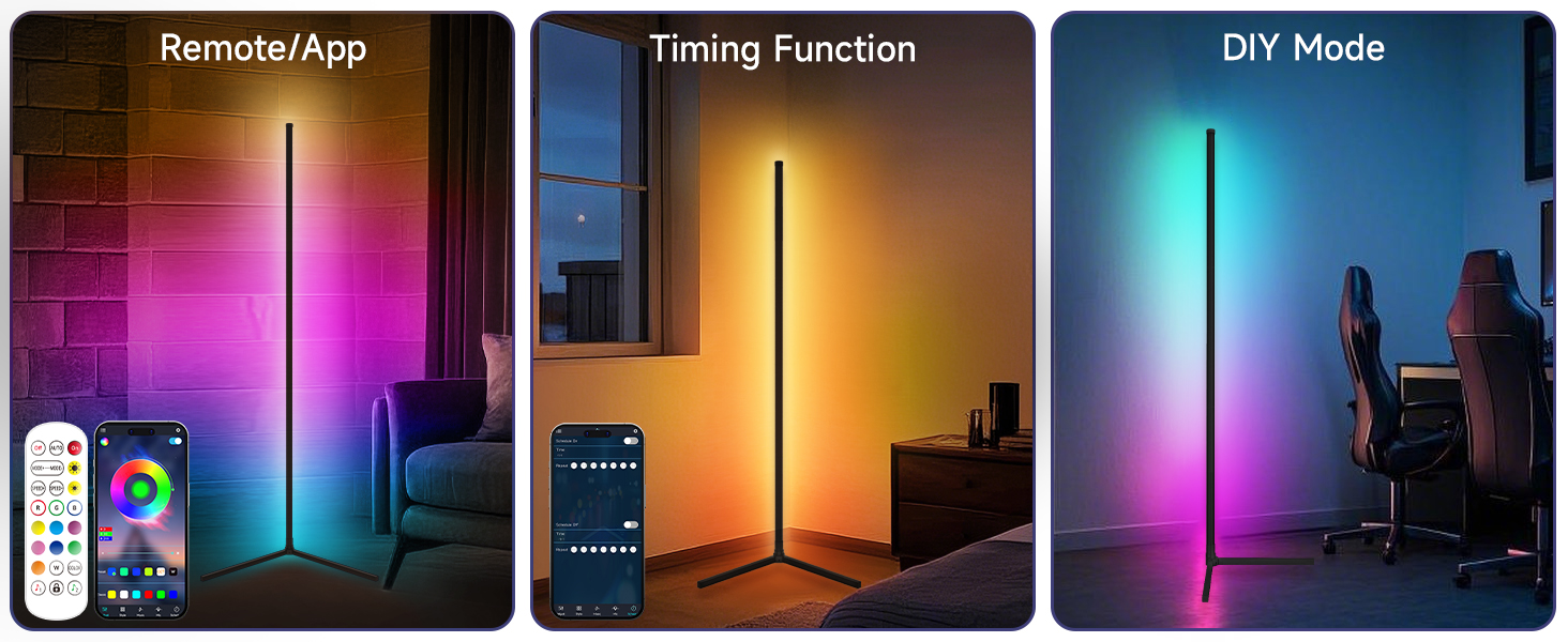 Світлодіодний торшер RGB з кутовим освітленням, керуванням зі смартфона та пультом, синхронізація з музикою, 16 млн кольорів для спальні, ігрової кімнати