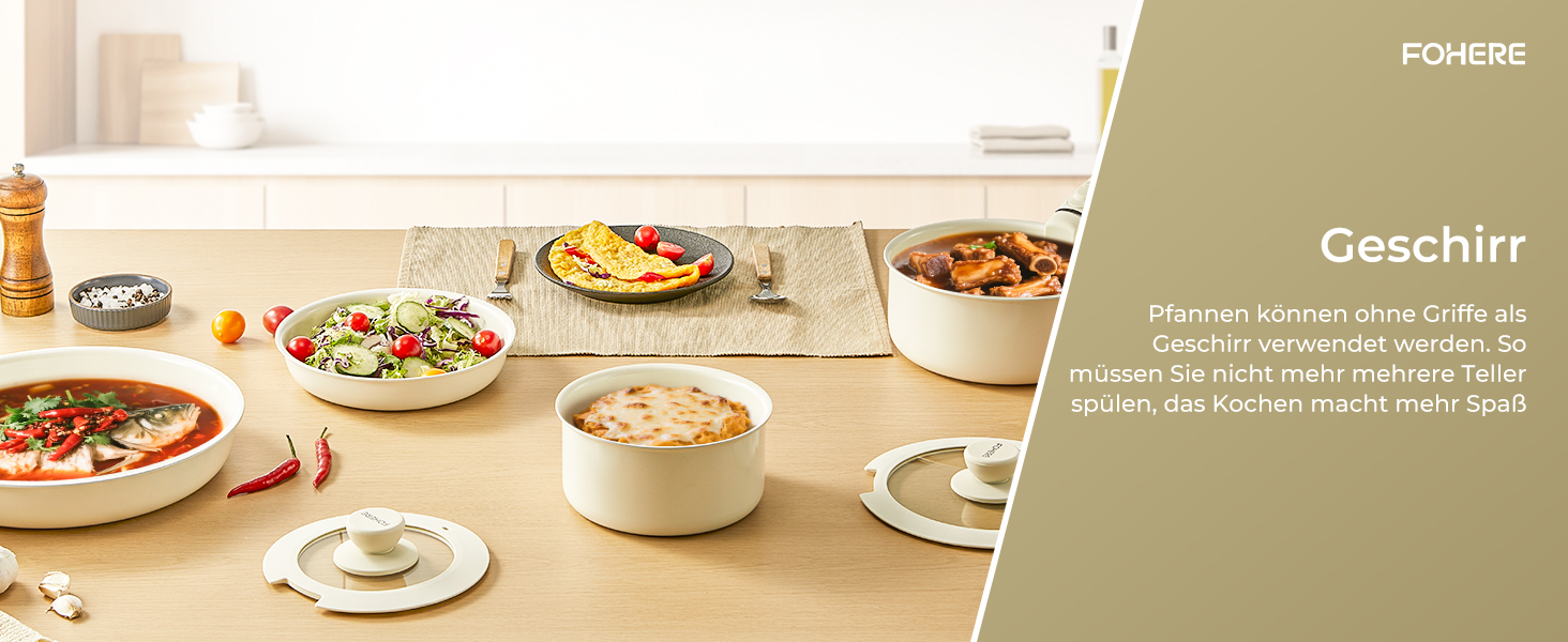 Набір посуду FOHERE 8 предметів: каструлі та сковороди з 2 знімними ручками, сковорода 20/28 см, каструлі 2.6/1.4 л, підходить для всіх плит (індукція), безпечний у духовці та посудомийній машині, бежевий