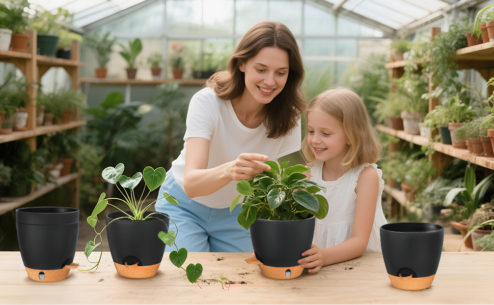 Набір горщиків для квітів ZMTECH 25 см з підставкою, пластикові пересаджувальні горщики з автополивом, кашпо з індикатором рівня води для дому/саду (2 шт., чорний)