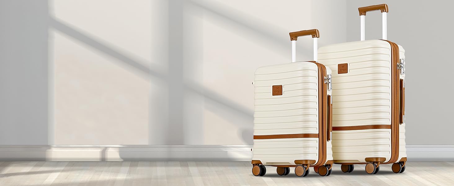 Набір дорожніх валіз Joyway 6 предметів, жорстка оболонка, з косметичкою, 4 колесами та TSA-замком, білий/коричневий