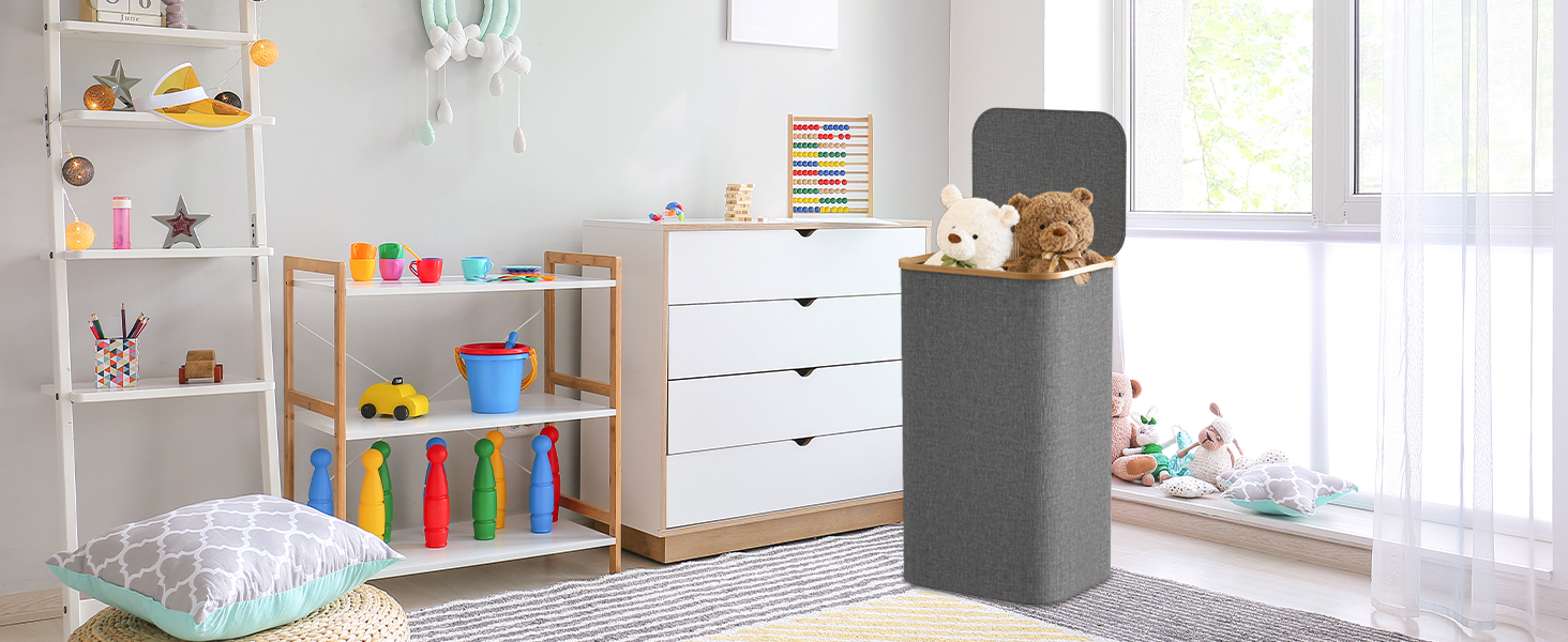 Кошик для білизни з кришкою, вузький, бамбукові ручки, внутрішня кишеня, складний, переносний, 95л, темно-сірий