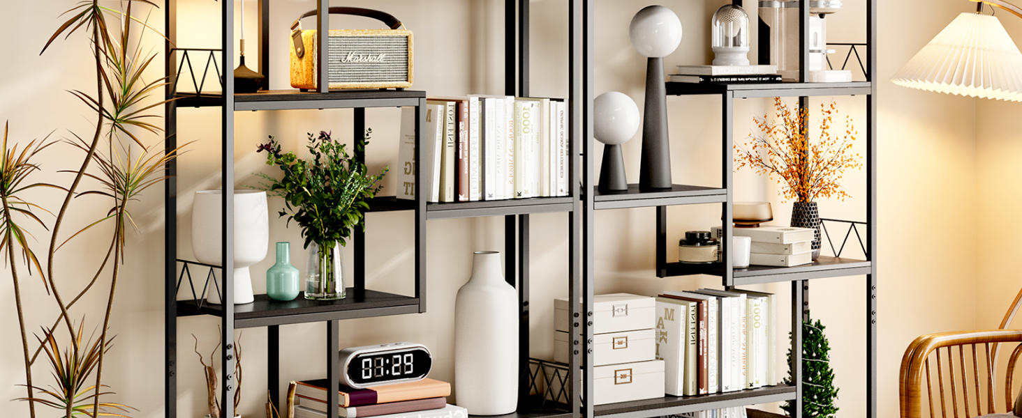Стильна полиця Bealife для книг, 5 ярусів, чорна, 98 x 30 x 180 см. Відкрита полиця для вітальні, офісу, робочого кабінету, в стилі індустріальний дизайн