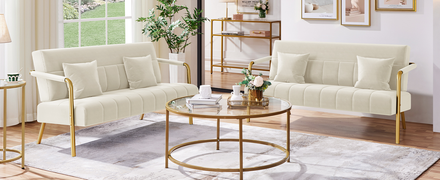 Диван Yaheetech з підлокітниками та металевими ніжками, сучасний двомісний диван з 2 подушками для попереку, бежевий, 143.5 x 71.5 x 75.5 см