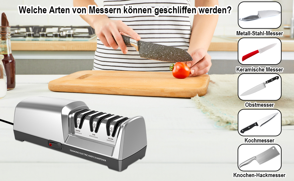 Електричний точило для ножів Herboom, 3-ступенева система з алмазним покриттям, для грубого шліфування, ремонту та заточування ножів