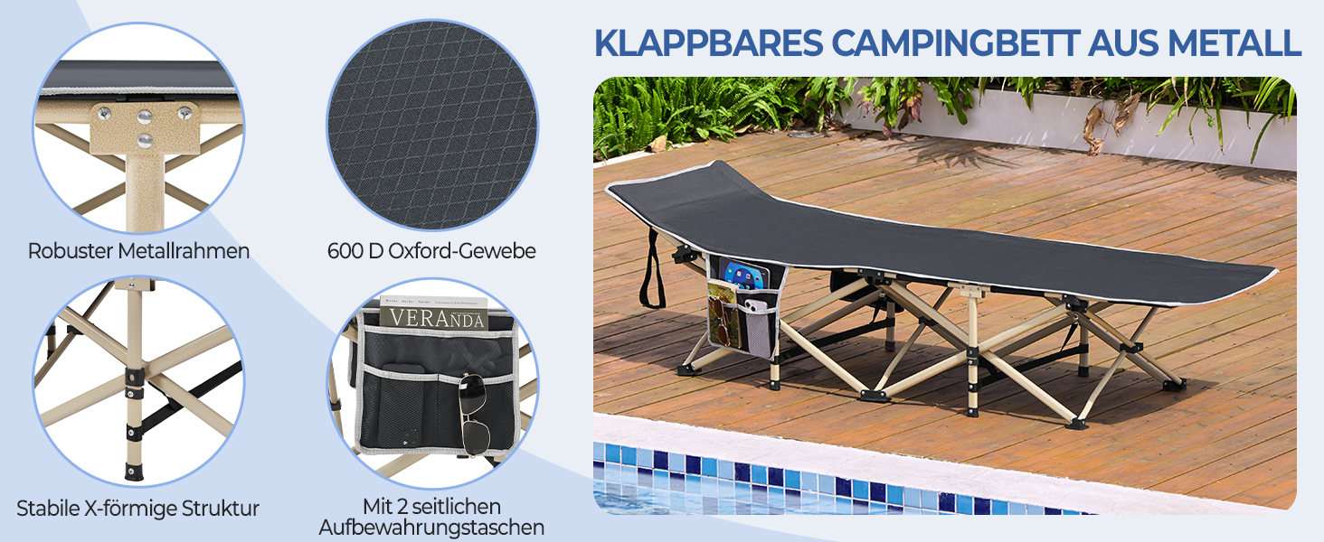 Розкладне ліжко для кемпінгу та відпочинку Yaheetech, похідне ліжко-шезлонг з кишенею та сумкою для транспортування, сіре, до 150 кг