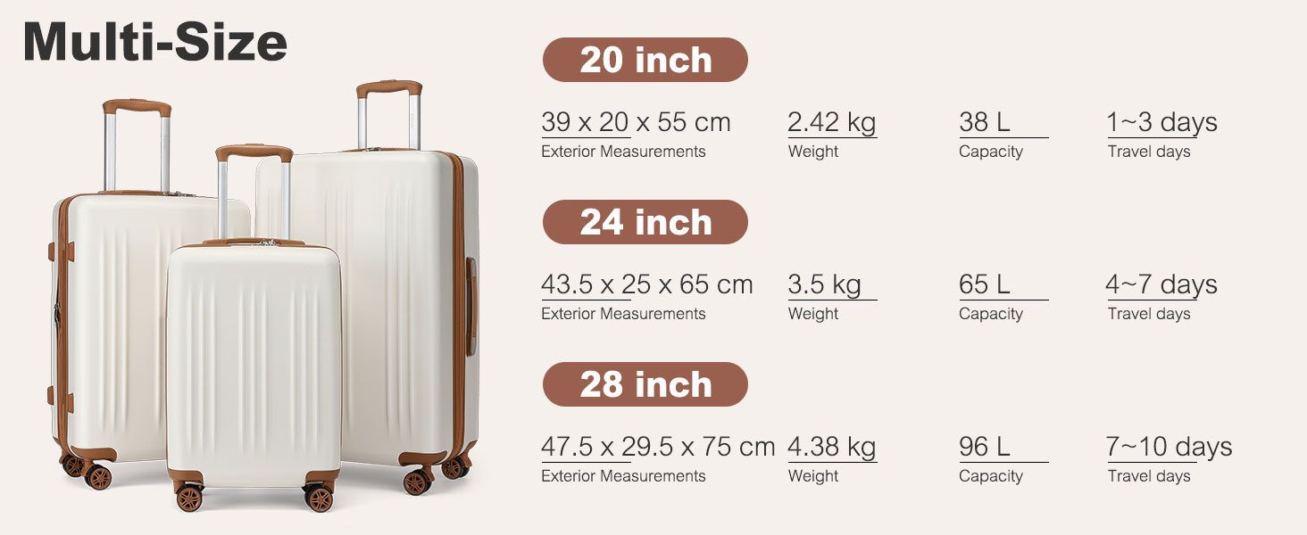 KONO Чемодан ручної поклажі на коліщатках, розширюваний, 55x39x20 см, з жорстким корпусом, 37 л, з TSA-замком, колір бежево-коричневий, розмір L (65 см)