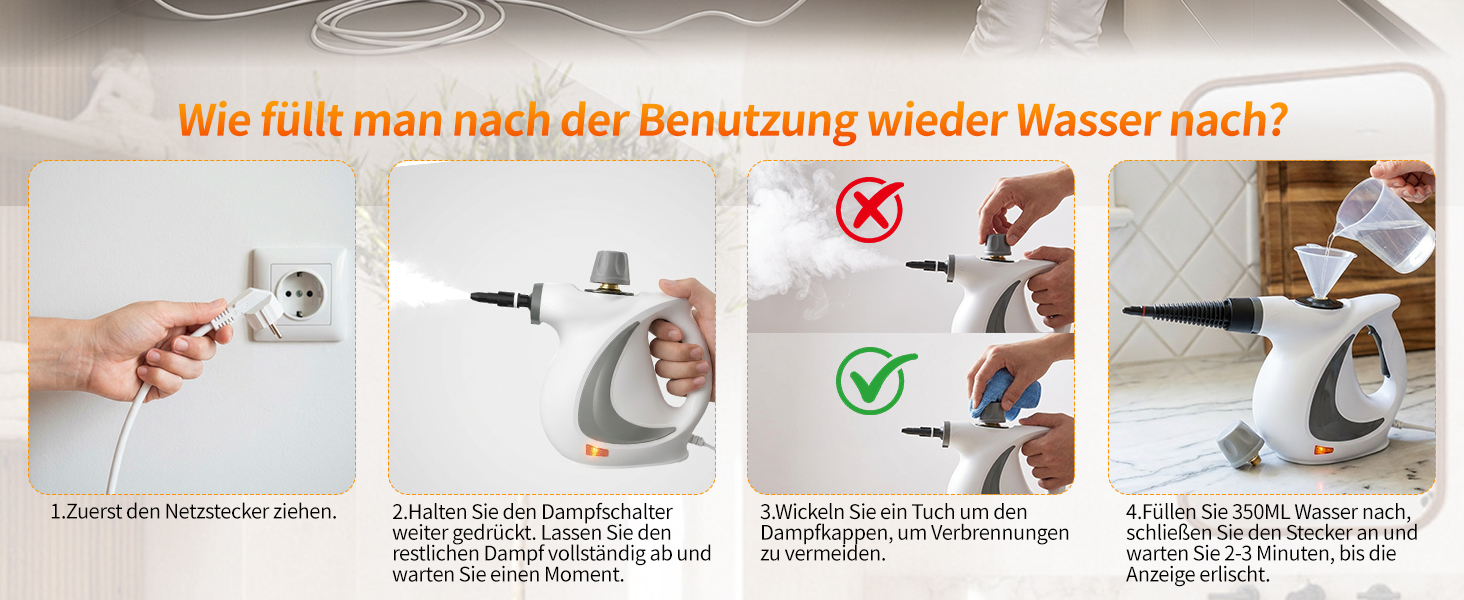 Портативний пароочисник для дому з аксесуарами, 3 бари, 1300 Вт, без хімікатів. Підходить для кухні, підлоги, плитки, диванів (білий)