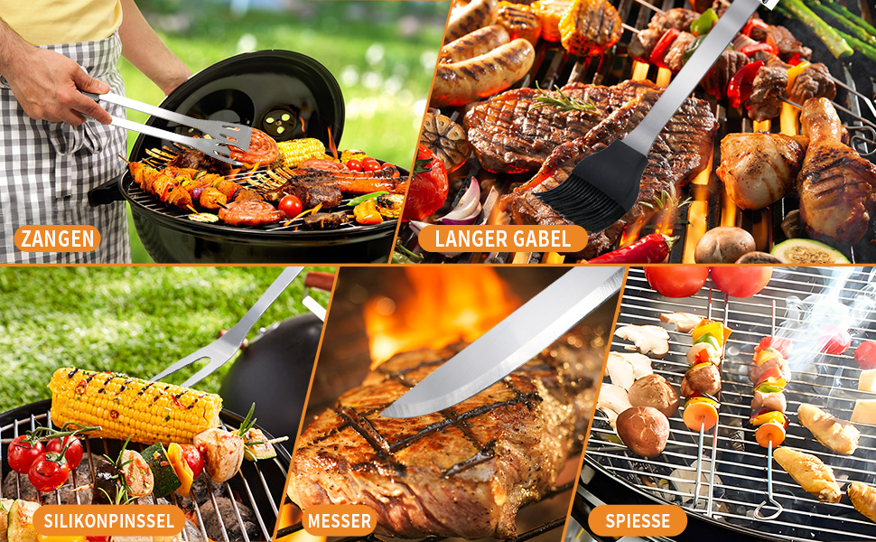 Набір гриль-посуду, 28 предметів, нержавіюча сталь, професійний аксесуар для грилю з сумкою, подарунок на день народження/Новий рік для чоловіків, для саду та кемпінгу, BBQ (срібний)