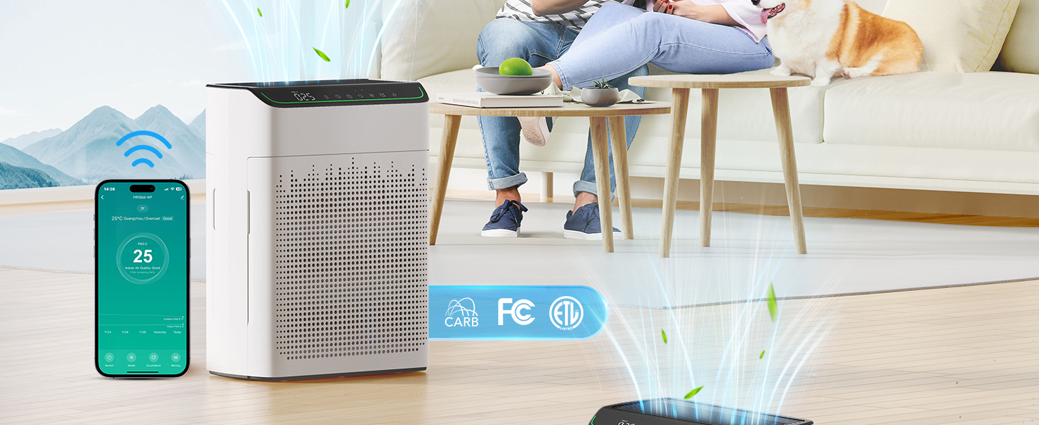 Повітряний очисник для алергіків та курців, CADR 340 м³/год, монітор PM 2,5, WiFi та Alexa, 4 режими