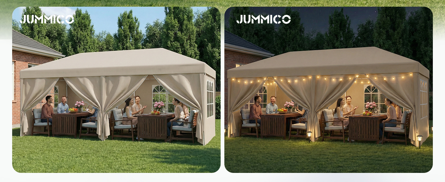 Павільйон садовий JUMMICO 3x6 м бежевий, водонепроникний, з бічними стінками, захист UV 50+, регульована висота, для кемпінгу, тераси, подій