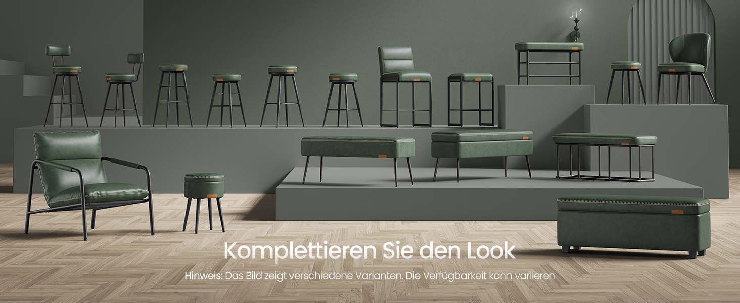 Барні стільці VASAGLE EKHO - набір 2 шт, 360° обертання, з підлокітником, для кухонного острова, стиль Mid-Century Modern, 65 см, зелений