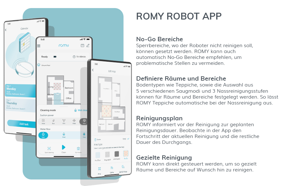 Робот-пилосос ROMY C5 Розумний домашній робот-пилосос з функцією миття підлоги Безшумний робот-пилосос із фронтальним лазером Додаток з картою кімнат в реальному часі Alexa та Siri Потужність всмоктування 2500 Па білий