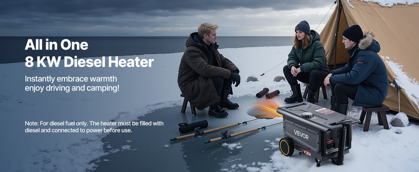 Дизельний обігрівач VEVOR 8 кВт, 12/24V, портативний з Bluetooth, пультом та LCD, 5л бак для вантажівок/автобусів