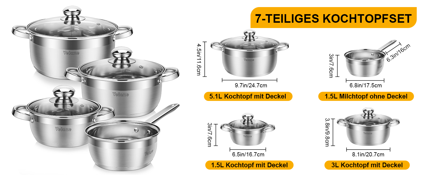 Набір каструль Velaze 7-ка з нержавіючої сталі, з кришками, індукційні, PFOA free, для всіх плит, сріблясті