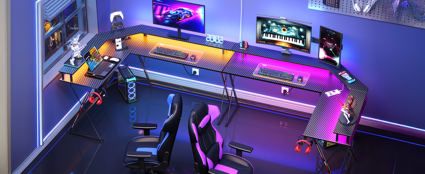 Ігровий стіл SEVEN WARRIOR з LED-підсвічуванням, розетками, моніторний стійка, 2 гачки, L-подібний, 147 см