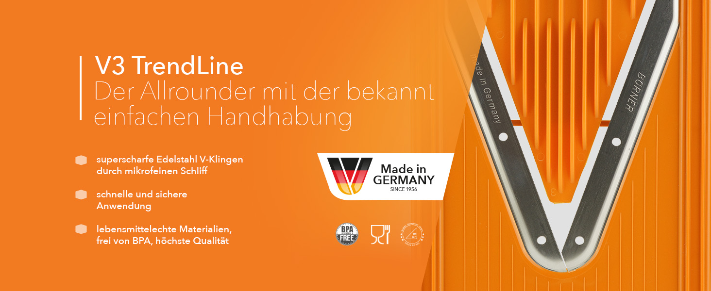 Набір Börner Gemüsehobel V3: V-овочерізалка для 5 видів нарізки, з нержавіючою сталею, з тримачем для фруктів, оранжевого кольору