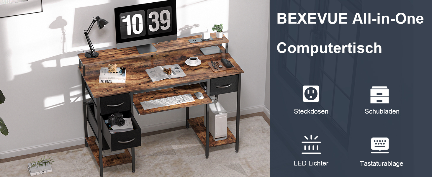 Ігровий стіл BEXEVUE з розетками та LED-підсвіткою 120x50 см - сучасний комп'ютерний стіл з підставкою для клавіатури, 4 висувні ящики, велика полиця для навчання, ігор та роботи. Колір: коричневий