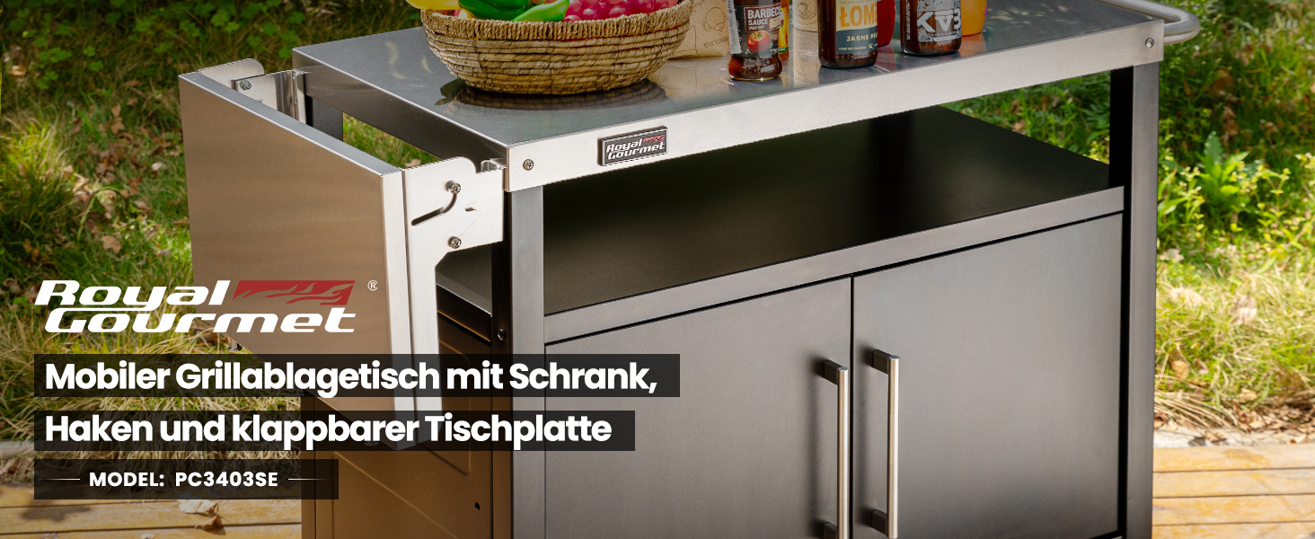 Royal Gourmet Grillwagen: гриль-візок з відкидним столиком, шафкою та нержавіючою сталевою поверхнею