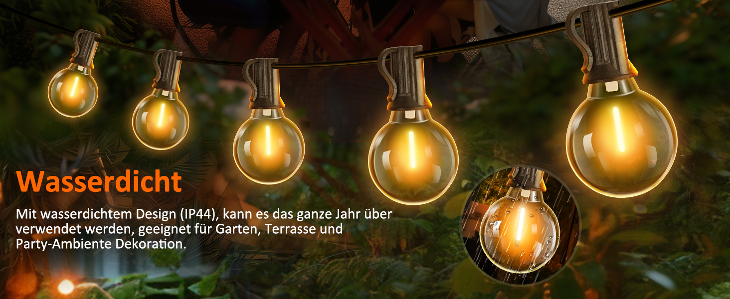 Ланцюжок прикрас для зовнішнього використання з таймером, 15 м LED-ланцюжок живлення на вулиці з 25+2 G40 лампочками, 4 режими та регульована яскравість. Водостійкий гірлянда для саду, балкону, тераси, вечірки, весілля (тепле біле світло)