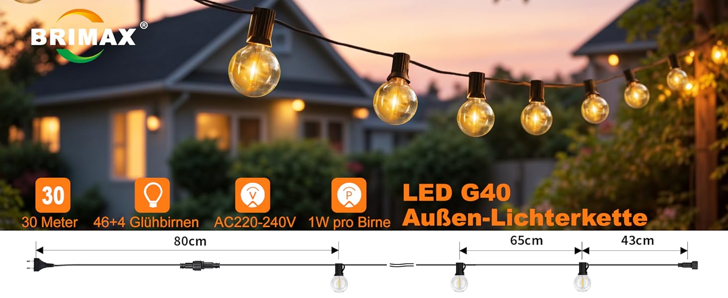 BRIMAX LED гірлянда для вулиці 30м, IP44, 46+4 лампочки G40, 2200K, розширювана, для кемпінгу, свят, вечірок