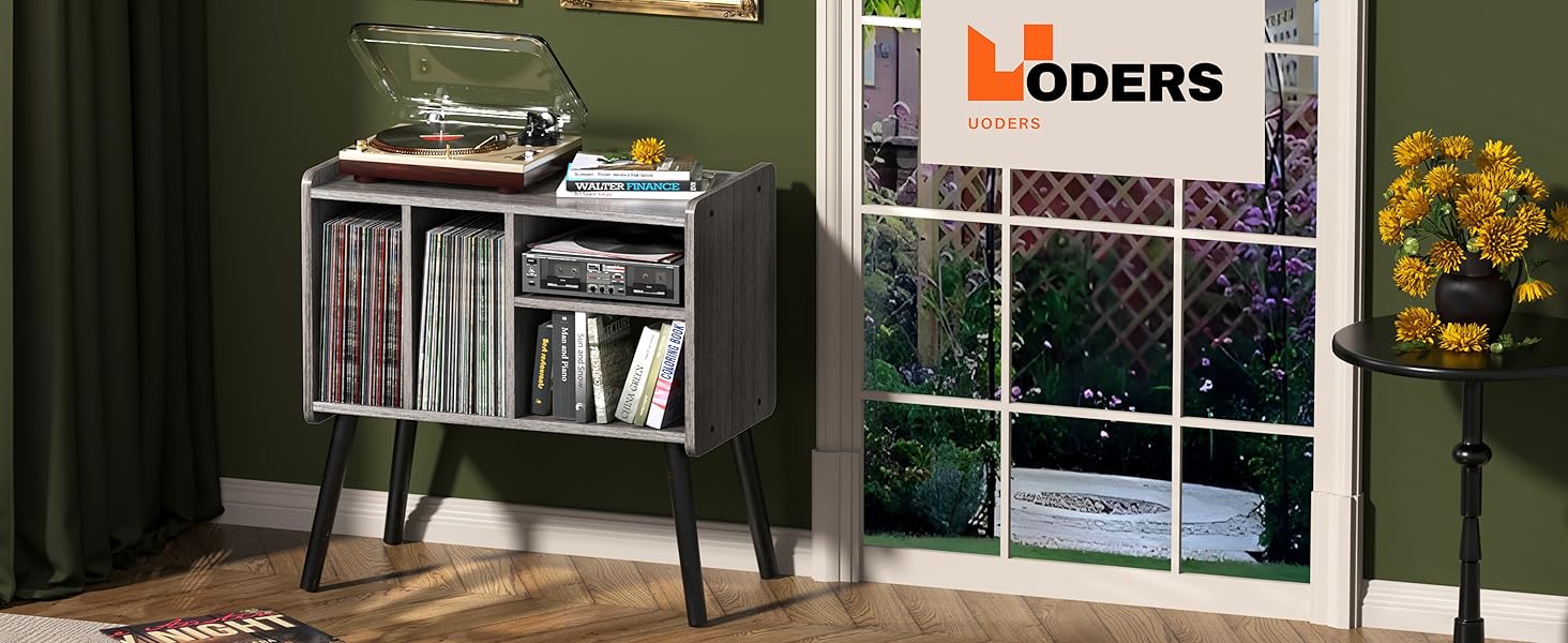 Стіл для програвача, стійка для програвача середини століття з місцем для зберігання вінілу (до 150+ альбомів), шафа для вінілових платівок з регульованими полицями (Сірий)