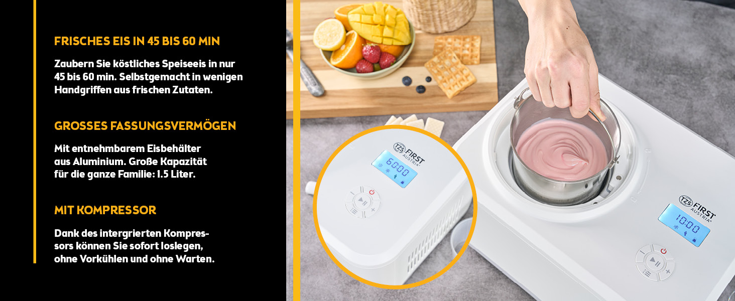 Електрична машина для приготування морозива TZS First Austria 1L з компресором 3 в 1 - для морозива, сорбету та замороженого йогурту. Включає мірний стакан та шпатель.