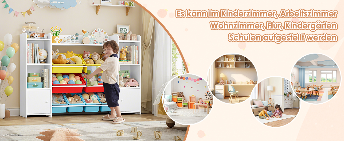 FOREHILL Регульована полиця для іграшок з 8 ящиками, дитячий шафчик, книжкова полиця для дітей, органайзер для іграшок, меблі для дитячої кімнати з іграшковою коробкою, 138,8 x 94,3 x 29,6 см, білий (білий з червоним)