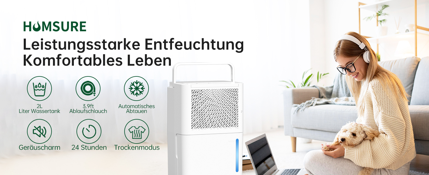 Електричний осушувач повітря PHILODECO 10л/день з режимом сушіння, 2л бак, таймер 24г, автовимкнення, ролики та ручка для підвалу, ванної, спальні