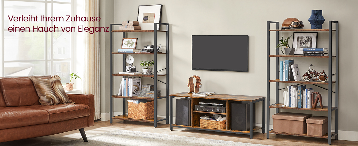 Стелаж VASAGLE Regal: 5 полиць, для офісу, вітальні, спальні, кухні, 30 x 80 x 153 см, вінтажний коричневий + чорний