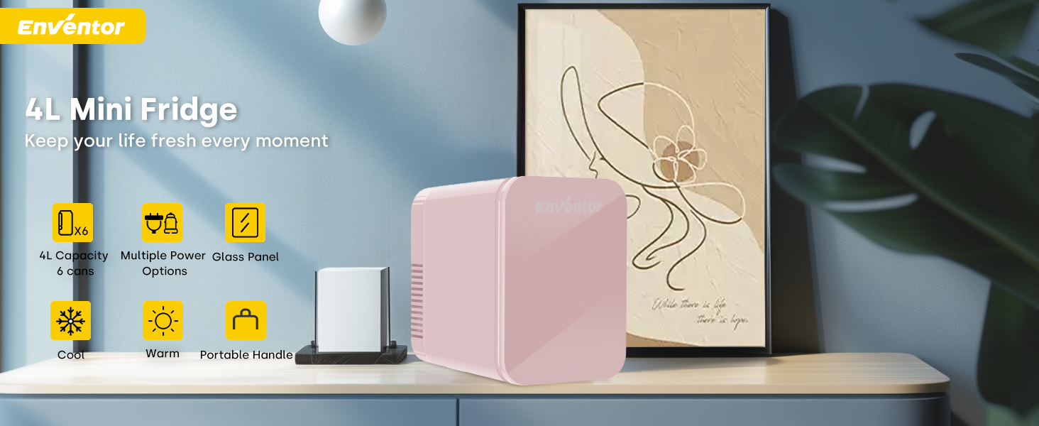 Mini холодильник Enventor 10L: для кімнати, авто, офісу. Кулер/підігрів, 12V/220V, тихий, рожевий