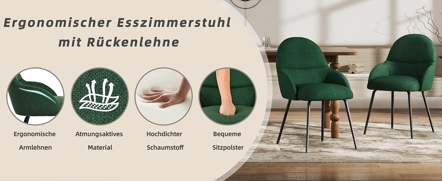Набір обідніх стільців з підлокітниками – 6 шт. Ергономічні м'які стільці з тканинним покриттям та металевими ніжками для кухні, вітальні, їдальні, Бежевий (Leinen Tannengrün)