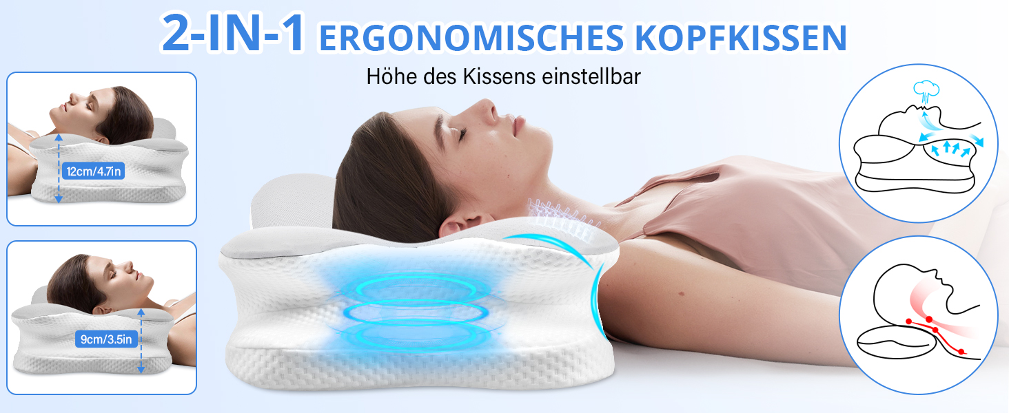 Подушка для шиї Ehomfory з Memory Foam, ергономічна для сну на боці, спині та животі, 67x37x9/12 см, срібляста